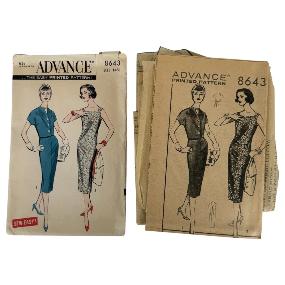 50s Advance Sewing Pattern 8643 Sleeveless Straight Dress & Jacket Size 14.5 VTG